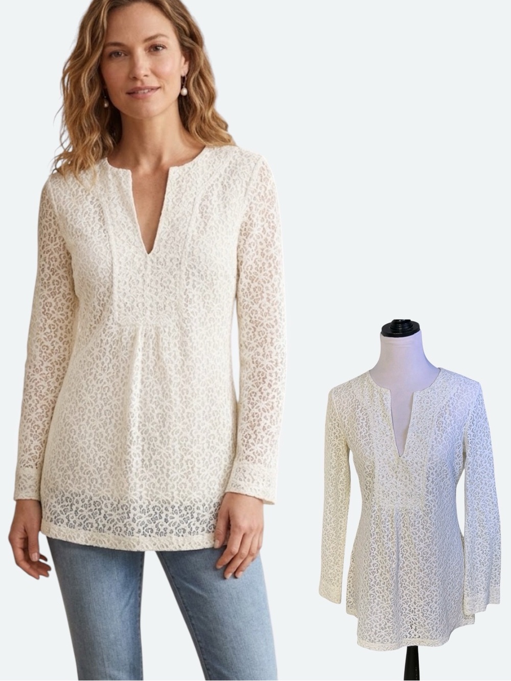 Liz Claiborne Lace Semi Sheer Boho Baby Doll Tunic Top Ivory Cream Size Small